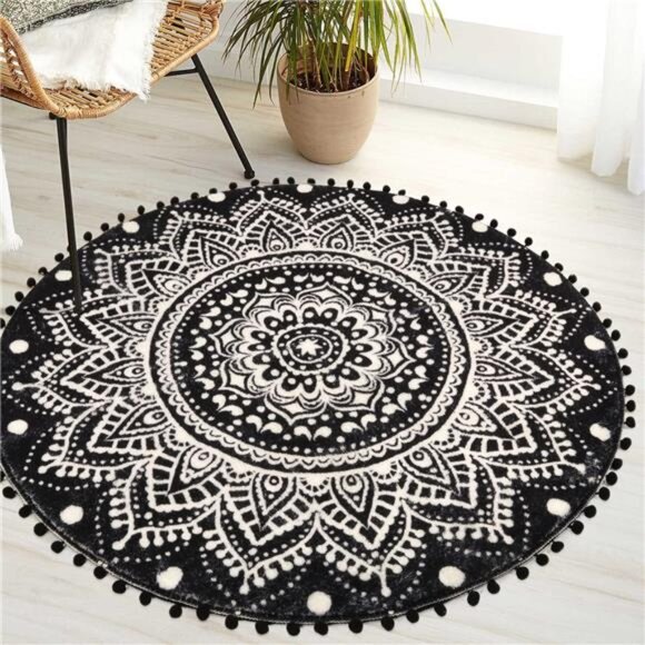 Uphome Boho Round Rug for Living Room 4' Circular Black Mandala Area Rug - Picture 5 of 7